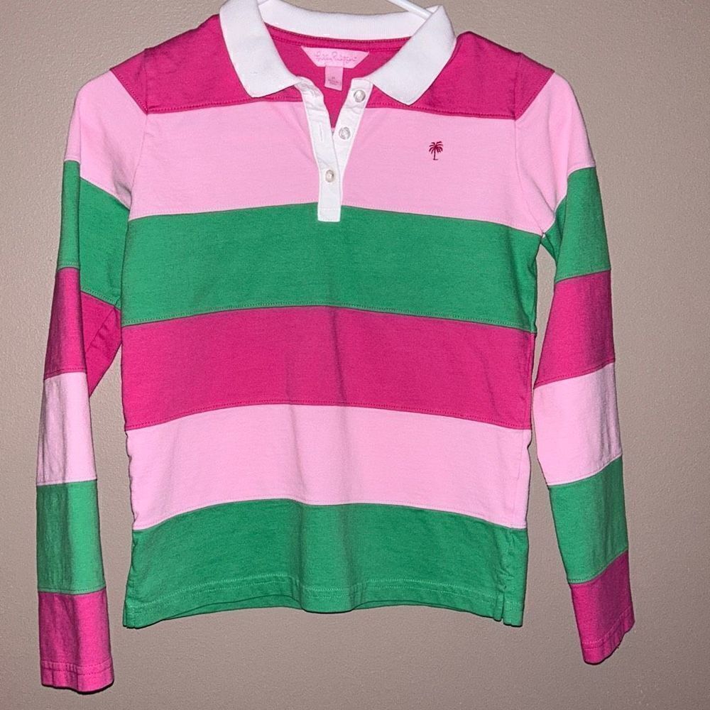 Lilly Pulitzer Long Sleeve Striped Polo Girls 14 Pink Green